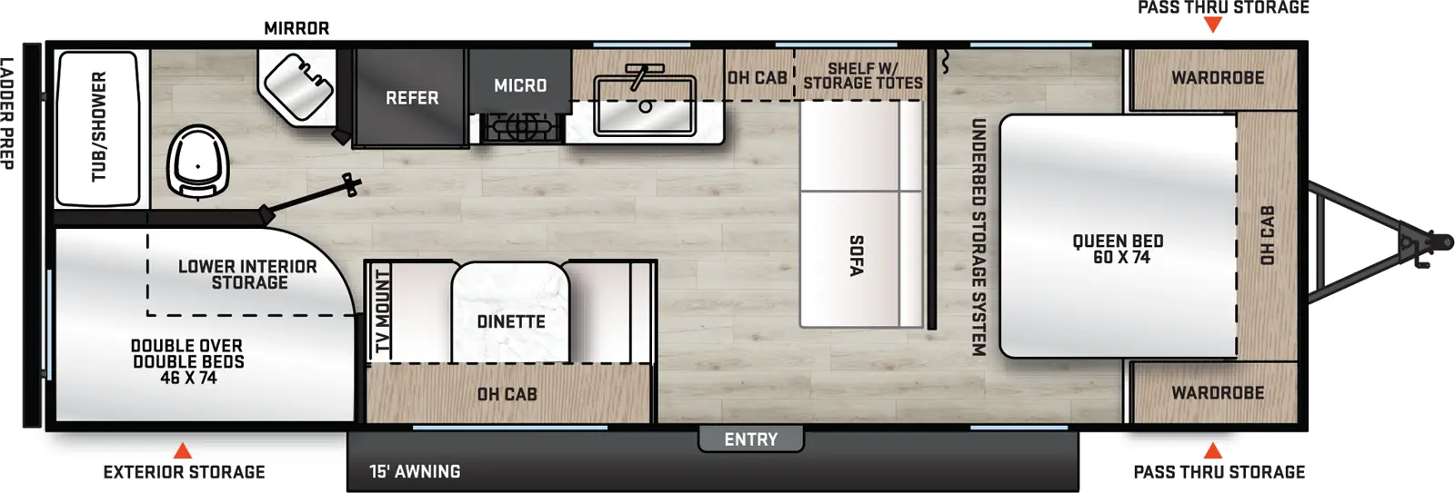 The Catalina Summit Series 8 261BH floorplan has one entry and zero slide outs. Exterior features include: metal exterior and 15' awning. Interiors features include: bunk beds and front bedroom.